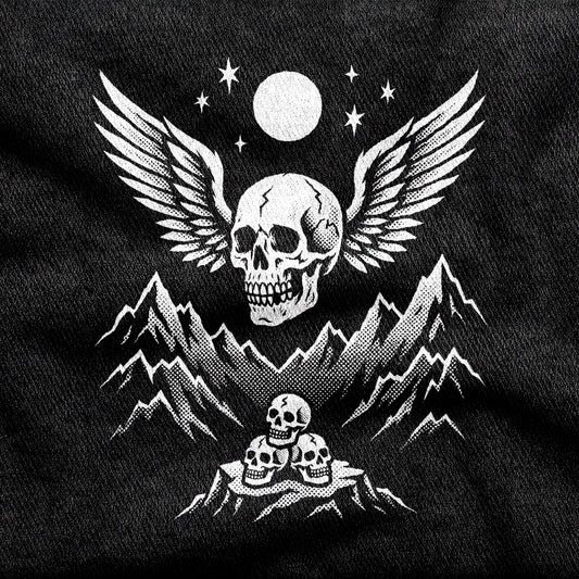 Bachdenkel design printed on a black cotton tee, close-up