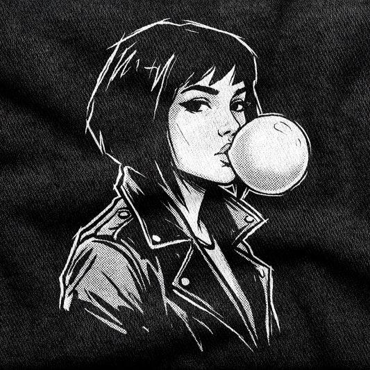 Bubbly Lass design printed on a black cotton tee, close-up