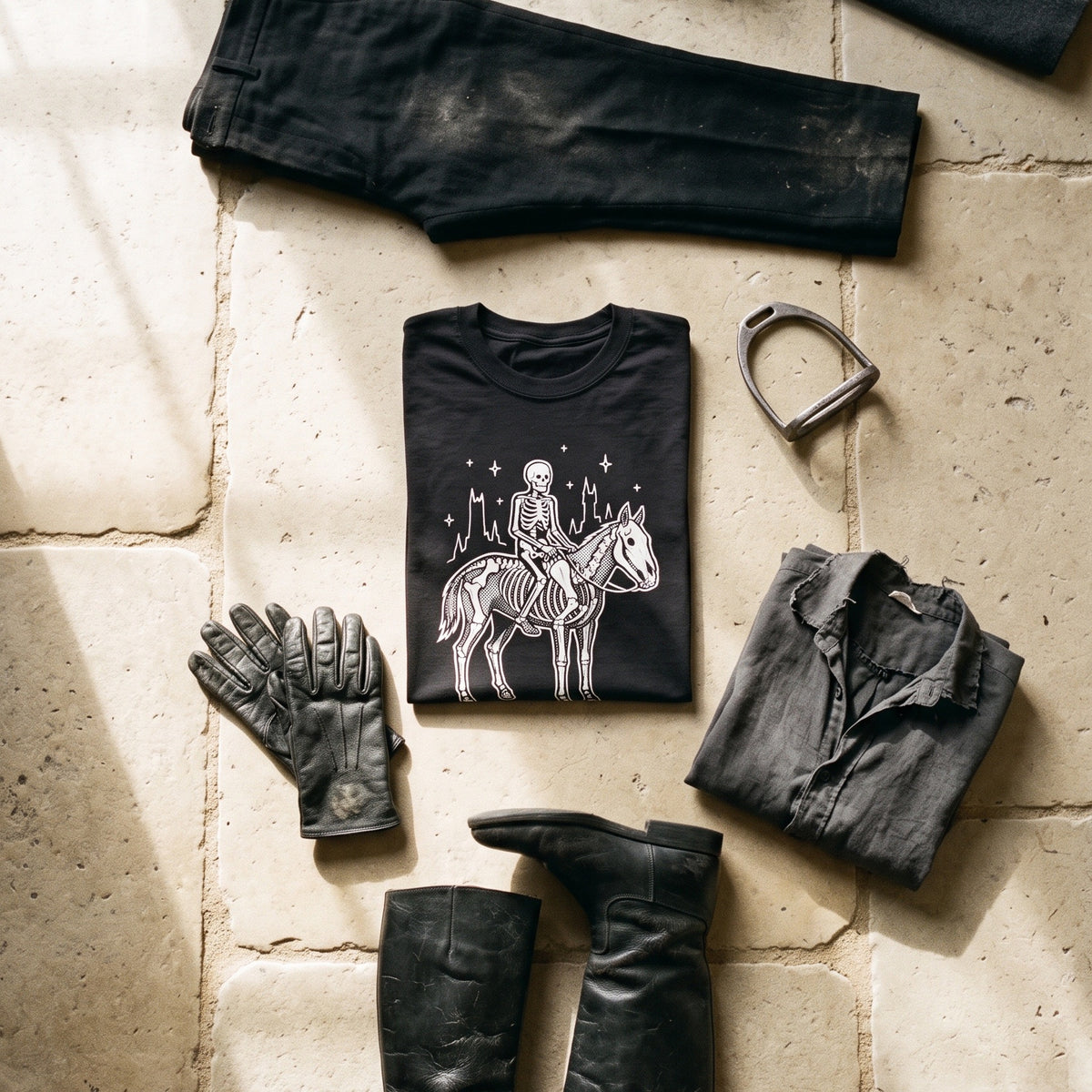 Death black graphic tee styled in a flat lay with matching pieces