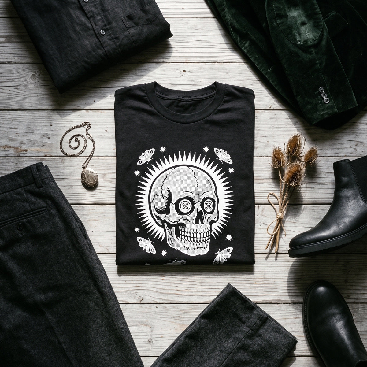 Memento Vivere black graphic tee styled in a flat lay with matching pieces