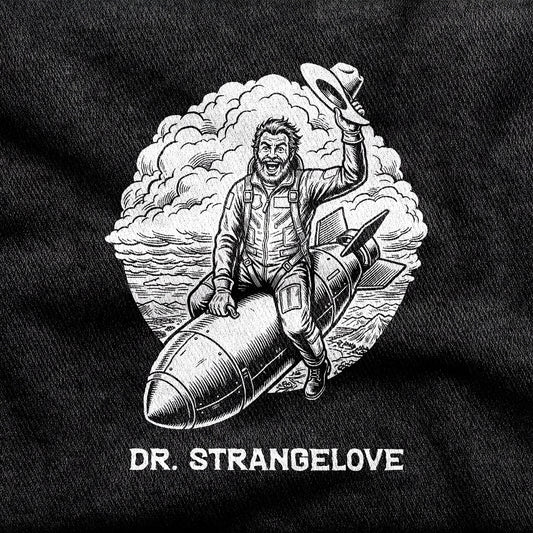 Dr. Strangelove design printed on a black cotton tee, close-up