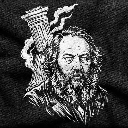 Mikhail Bakunin design printed on a black cotton tee, close-up