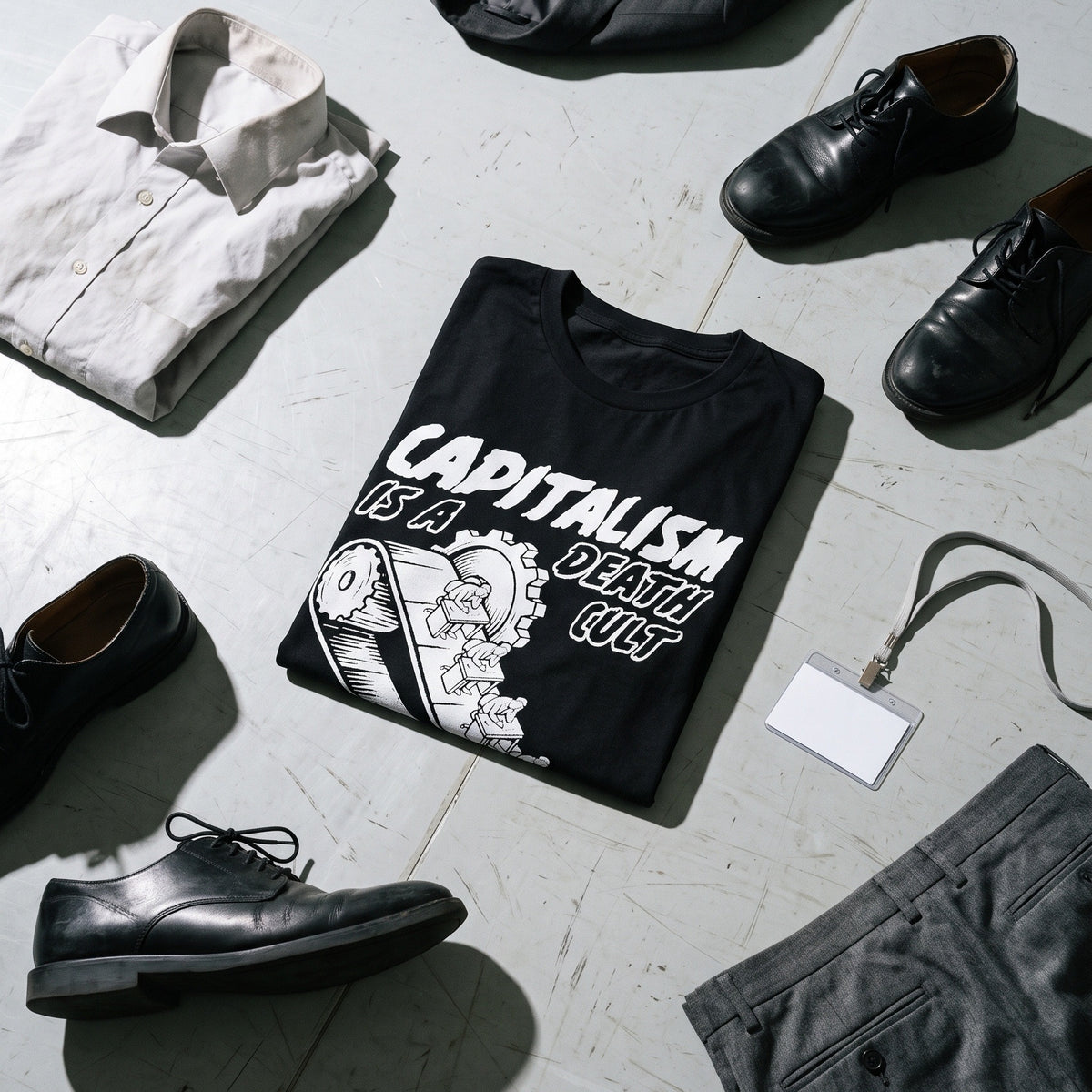 Death Cult black graphic tee styled in a flat lay with matching pieces