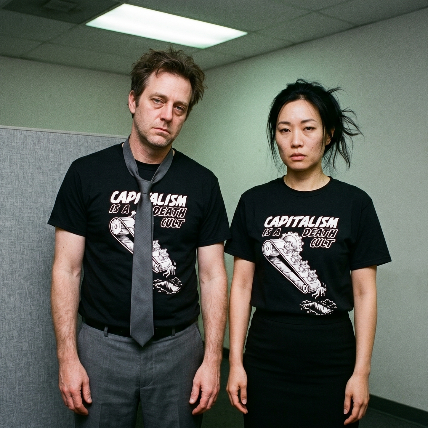 Two models wearing the Death Cult black graphic tee