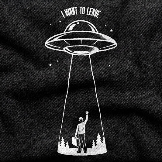 I Want to Leave design printed on a black cotton tee, close-up