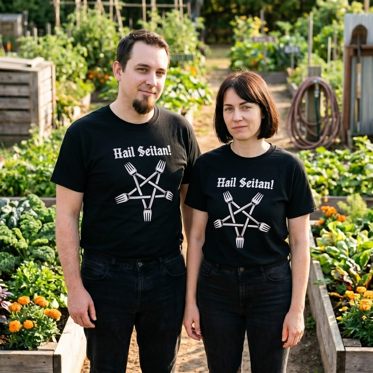 Two models wearing the Hail Seitan black graphic tee