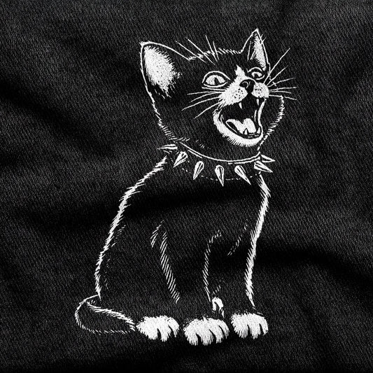 Kittenpunk design printed on a black cotton tee, close-up