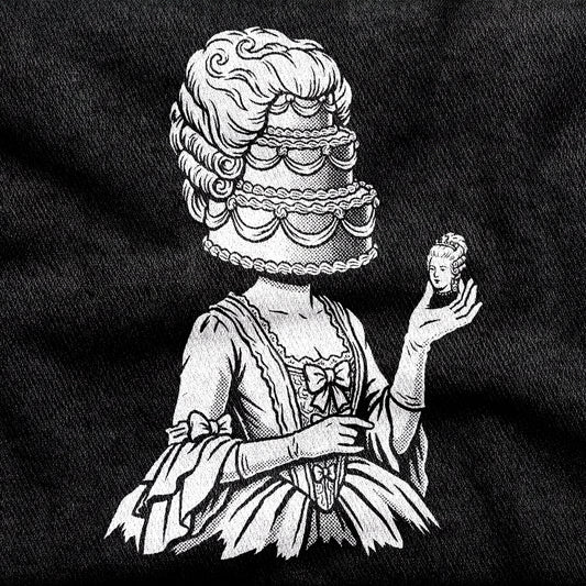 Marie Antoinette design printed on a black cotton tee, close-up