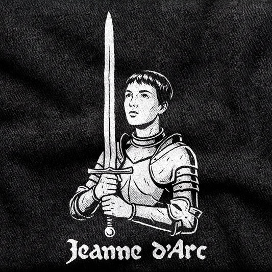 Jeanne d'Arc design printed on a black cotton tee, close-up
