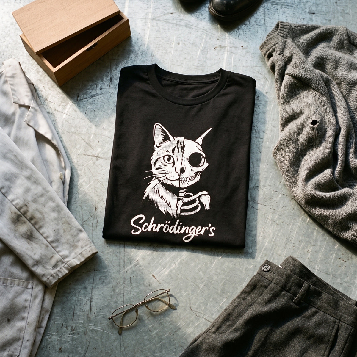 Schrödinger's Cat black graphic tee styled in a flat lay with matching pieces