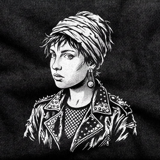 Girl with a Pearl Earring design printed on a black cotton tee, close-up