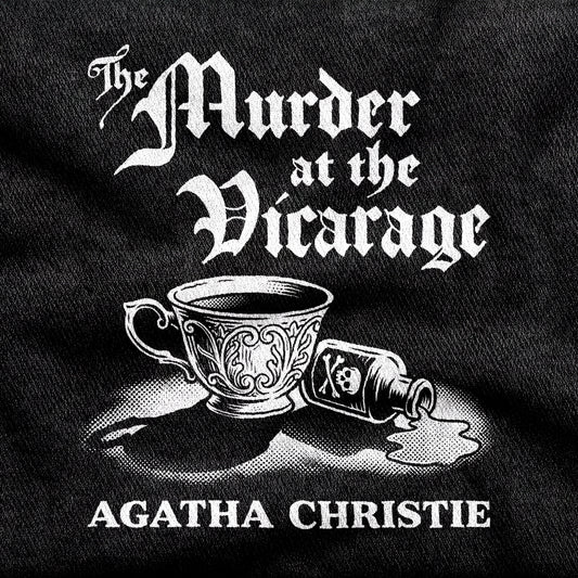 Murder at the Vicarage Agatha Christie design printed on a black cotton tee, close-up