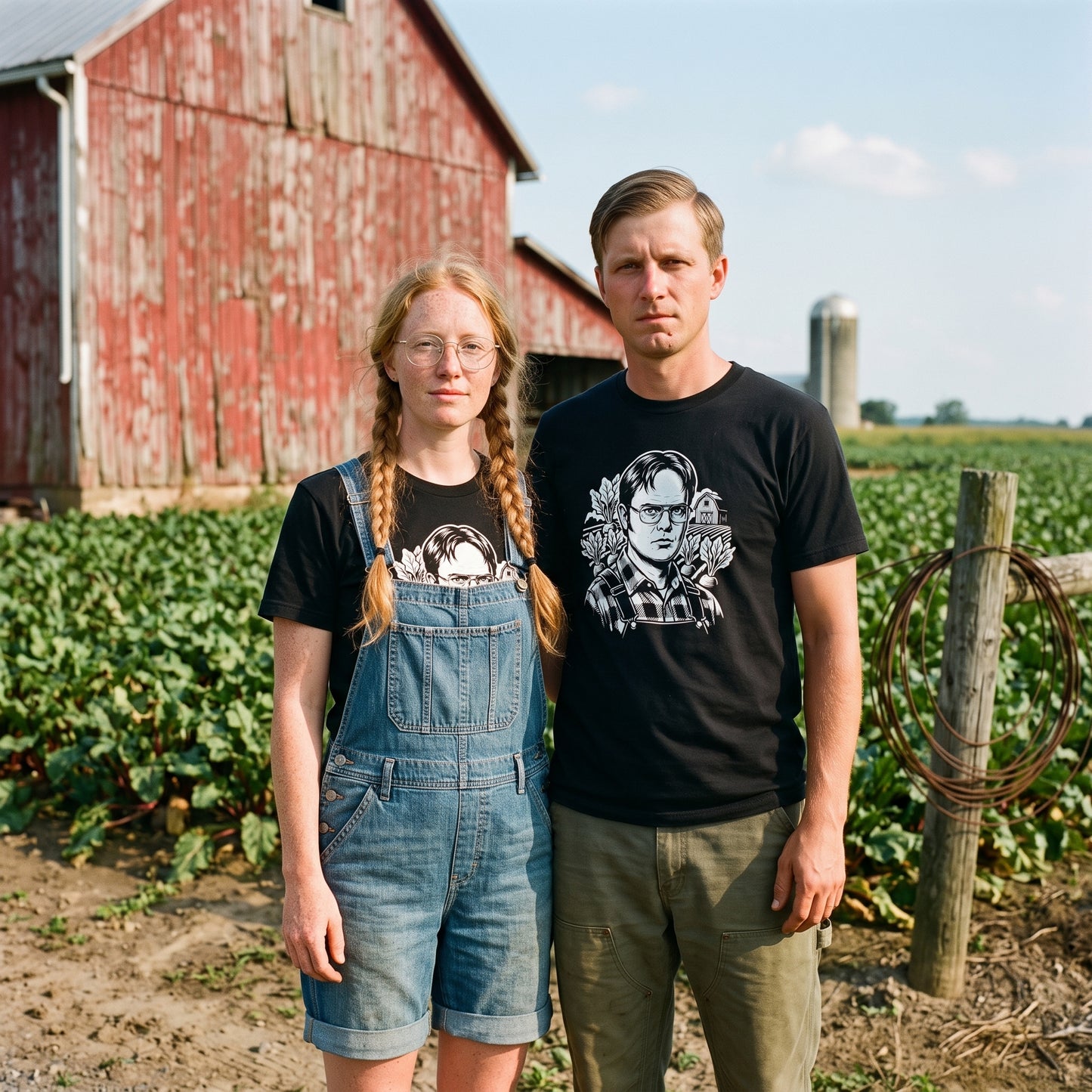 Two models wearing the Dwight Schrute black graphic tee