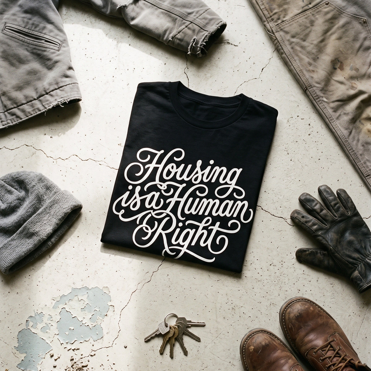 Housing is a Human Right black graphic tee styled in a flat lay with matching pieces