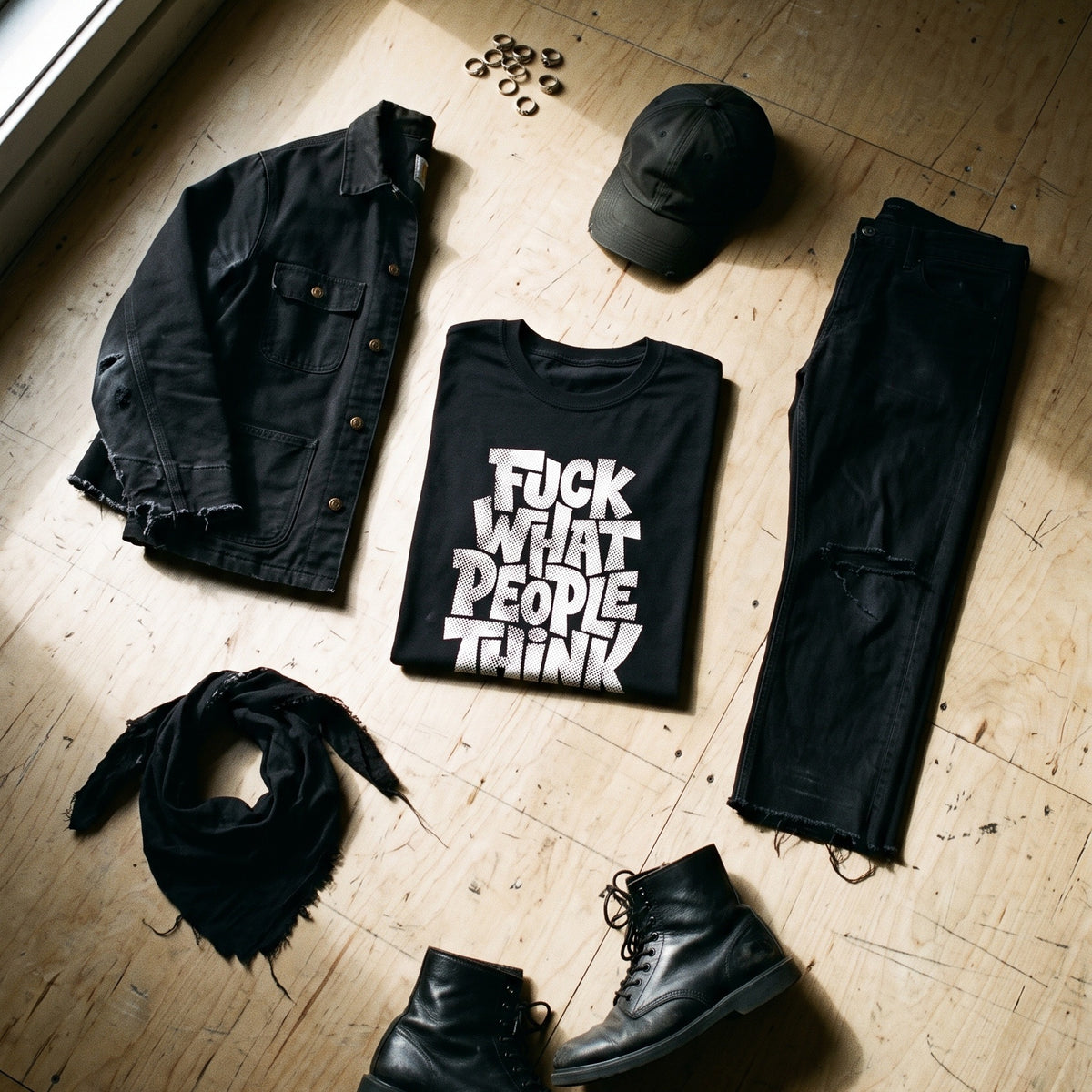 Fuck What People Think black graphic tee styled in a flat lay with matching pieces