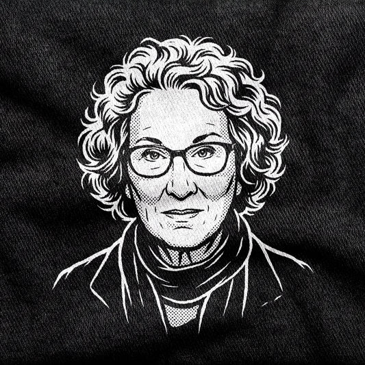 Margaret Atwood design printed on a black cotton tee, close-up