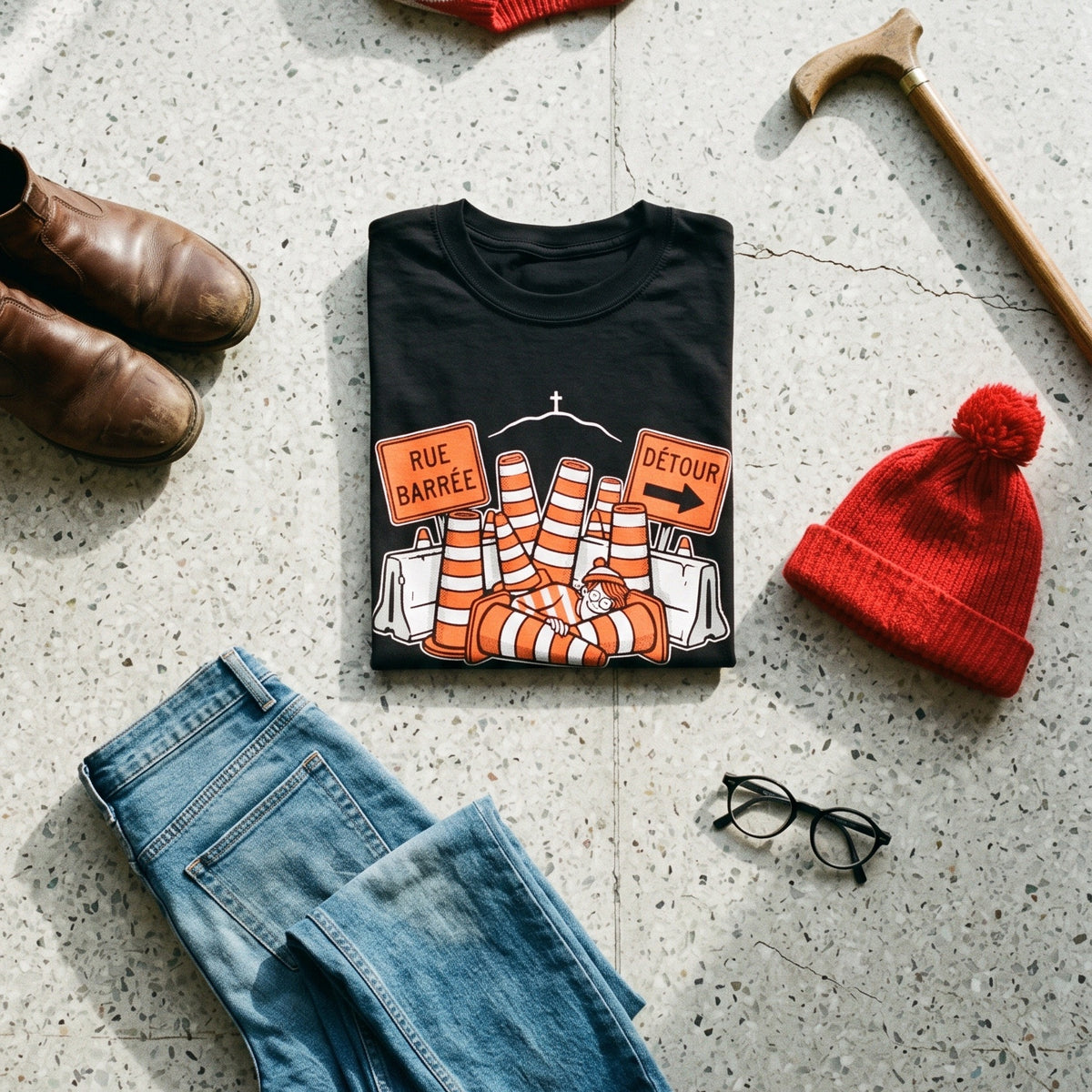 Waldo in Montreal black graphic tee styled in a flat lay with matching pieces