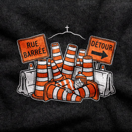 Waldo in Montreal design printed on a black cotton tee, close-up