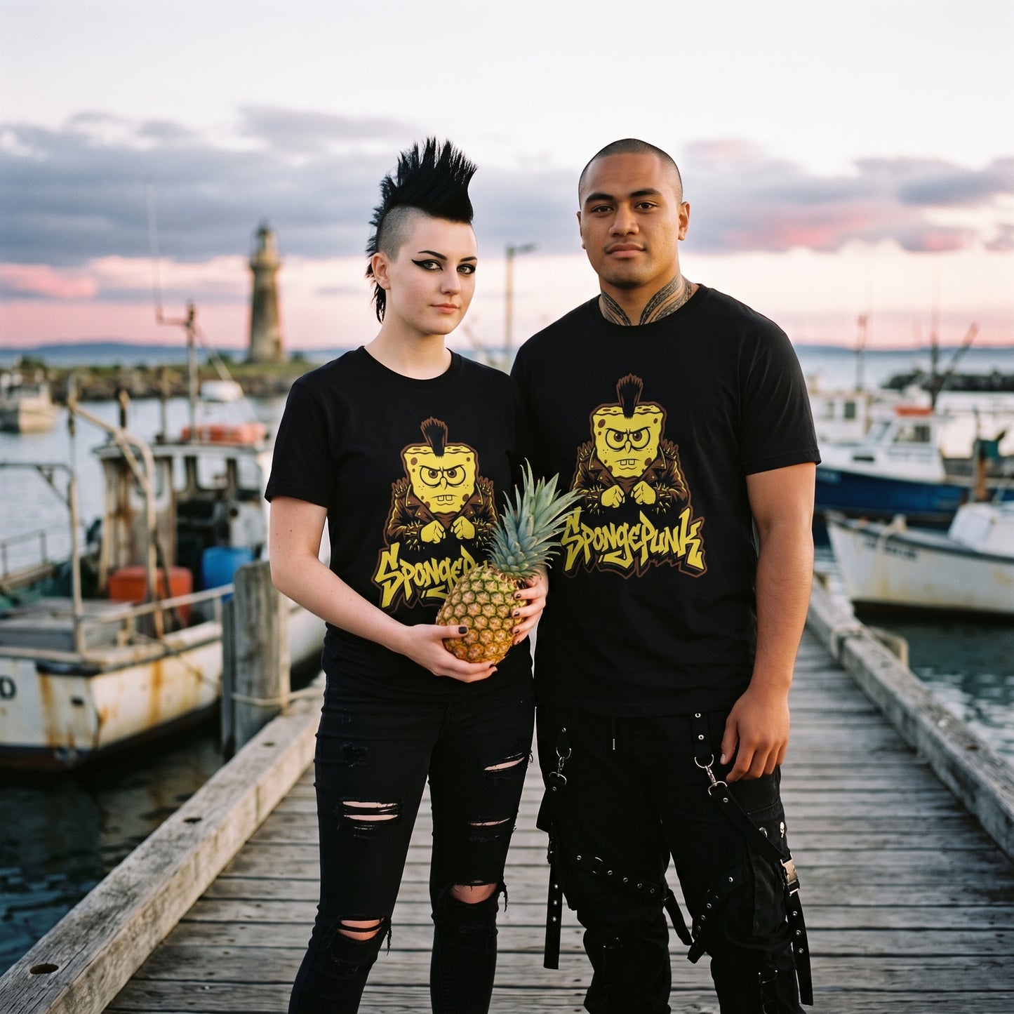 Two models wearing the SpongePunk black graphic tee