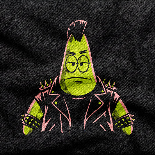 Punkrick Scar design printed on a black cotton tee, close-up