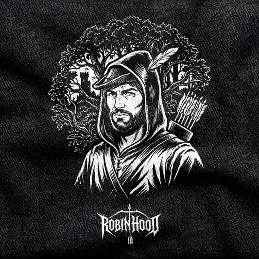 Robin Hood design printed on a black cotton tee, close-up