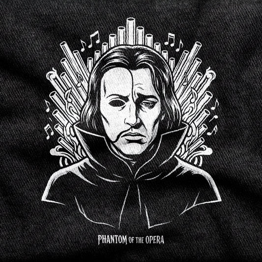 Phantom of the Opera design printed on a black cotton tee, close-up