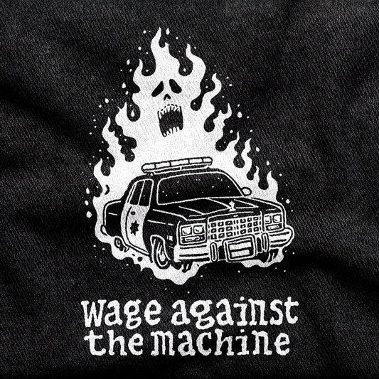 Wage Against the Machine design printed on a black cotton tee, close-up
