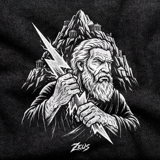 Zeus design printed on a black cotton tee, close-up