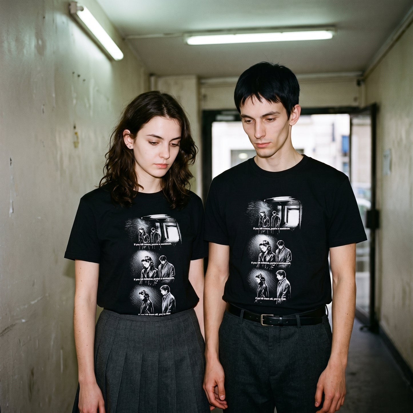 Two models wearing the Masculin Féminin black graphic tee
