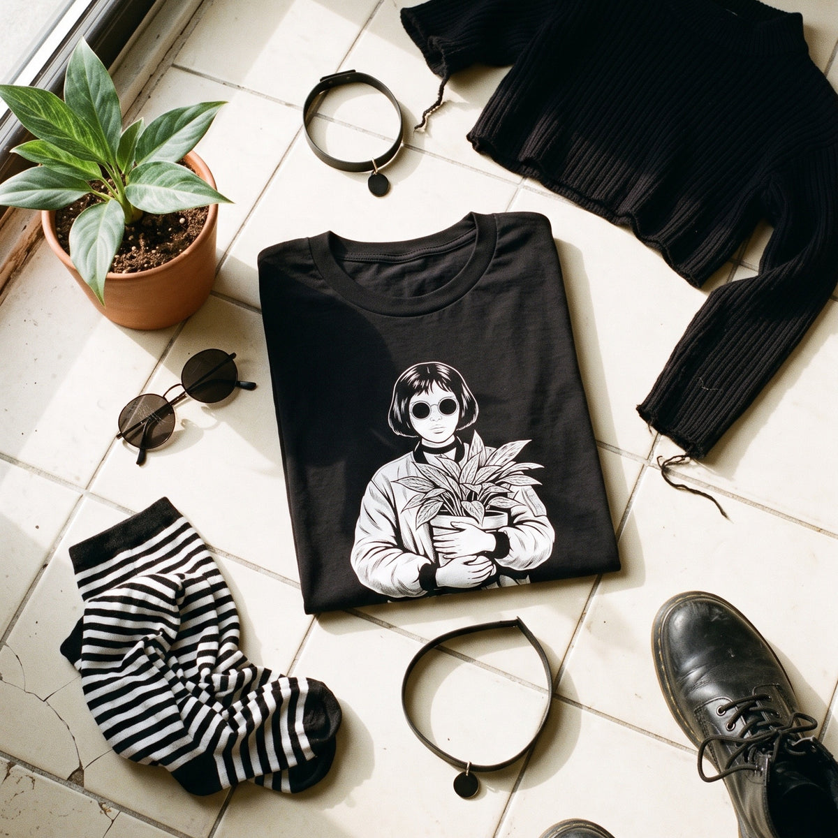 Mathilda black graphic tee styled in a flat lay with matching pieces