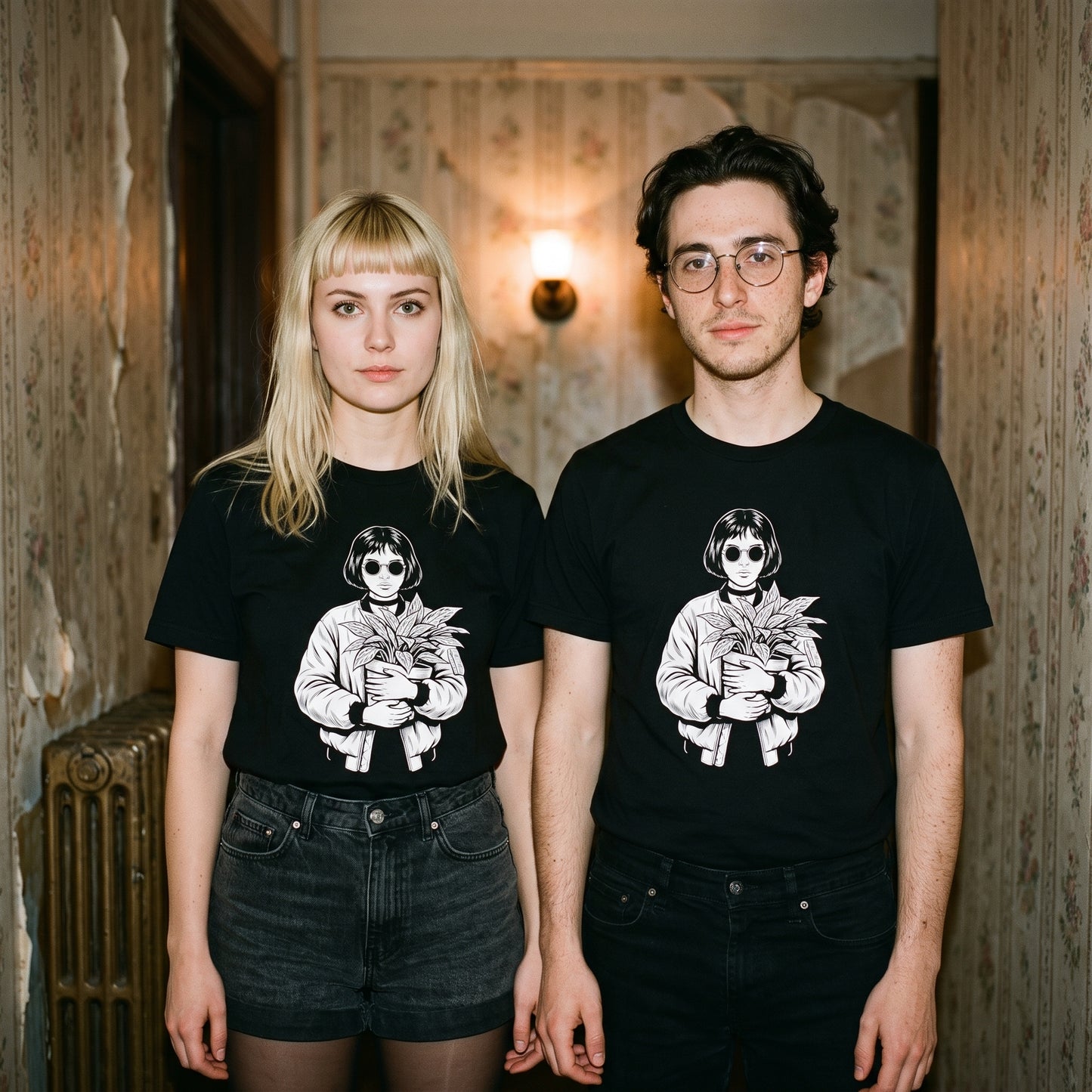 Two models wearing the Mathilda black graphic tee