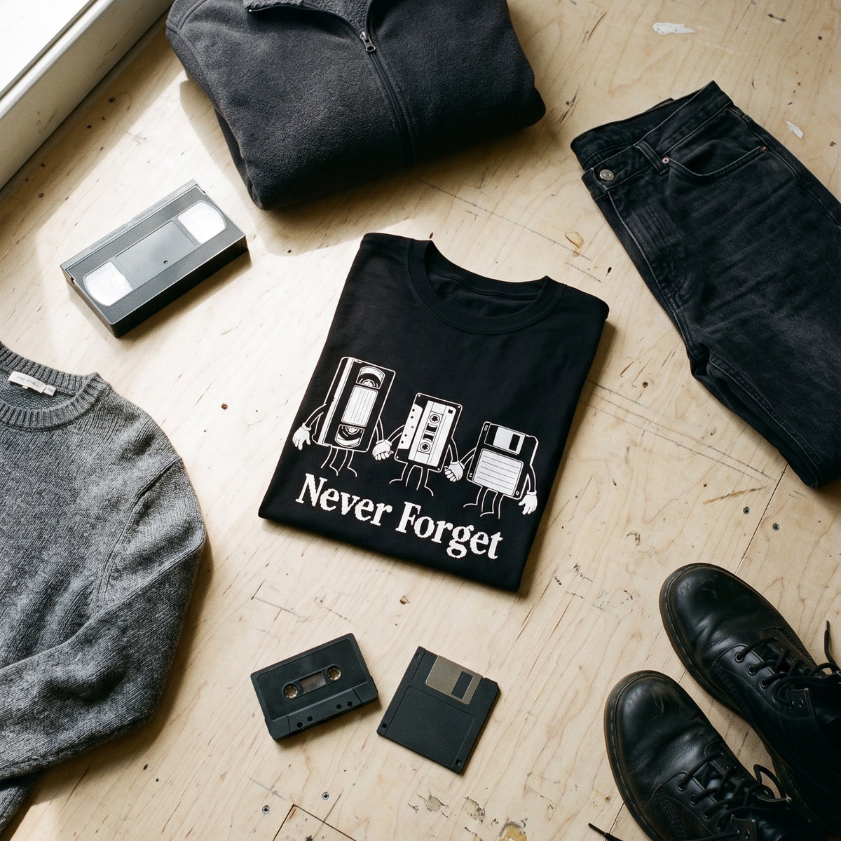Never Forget black graphic tee styled in a flat lay with matching pieces