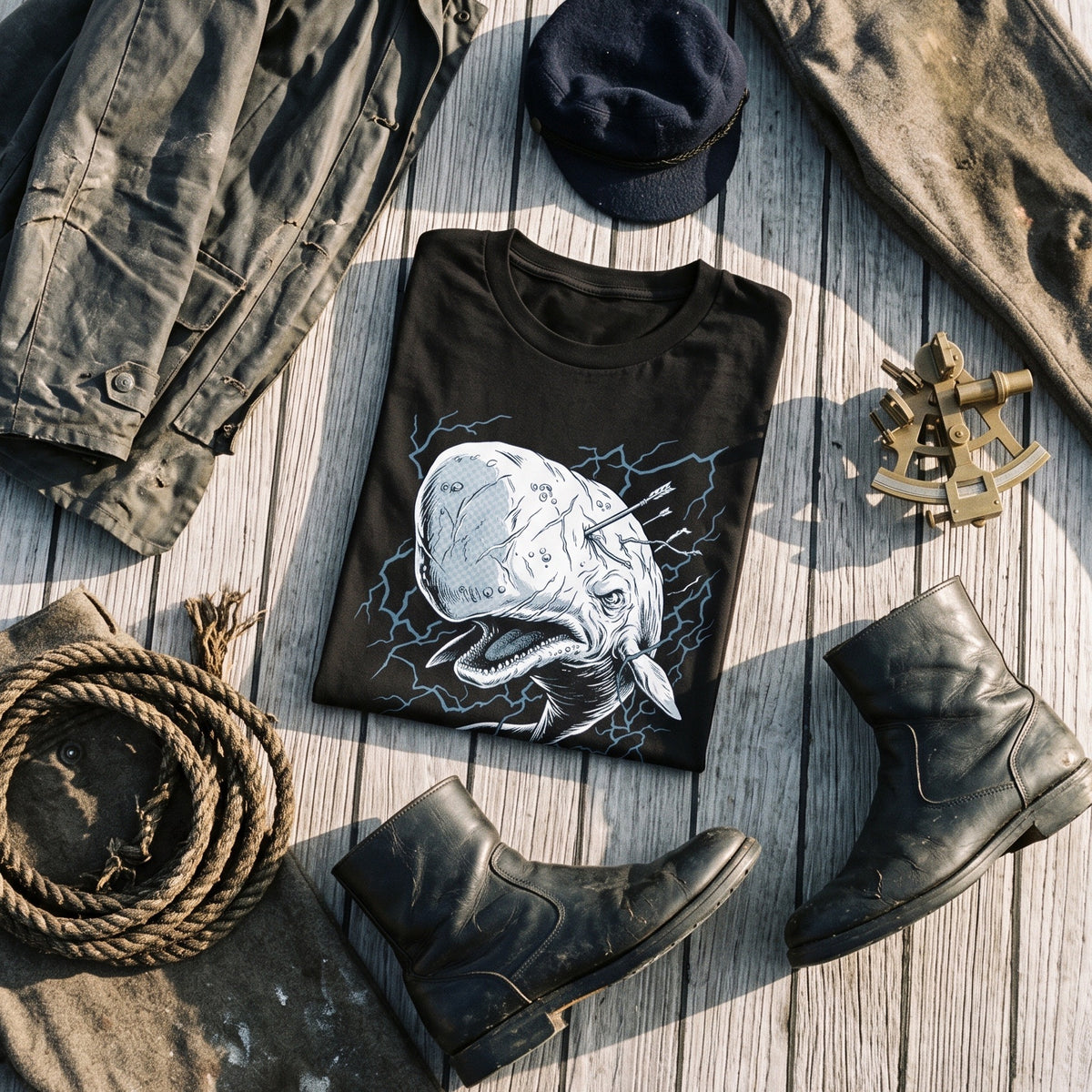 Moby Dick black graphic tee styled in a flat lay with matching pieces