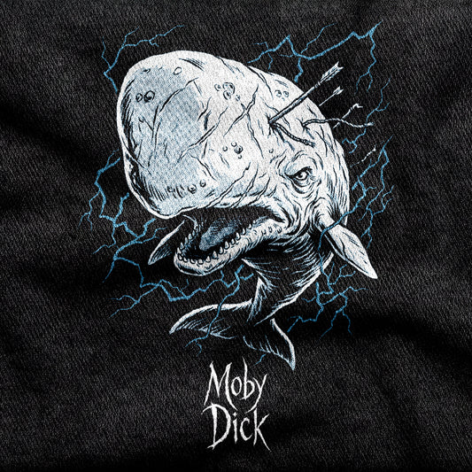 Moby Dick design printed on a black cotton tee, close-up