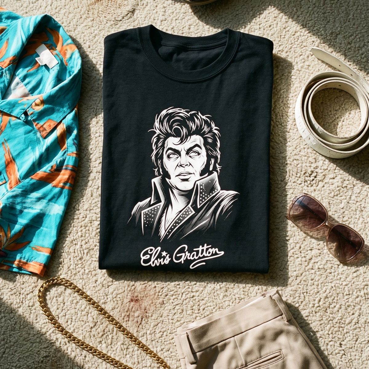 Elvis Gratton black graphic tee styled in a flat lay with matching pieces