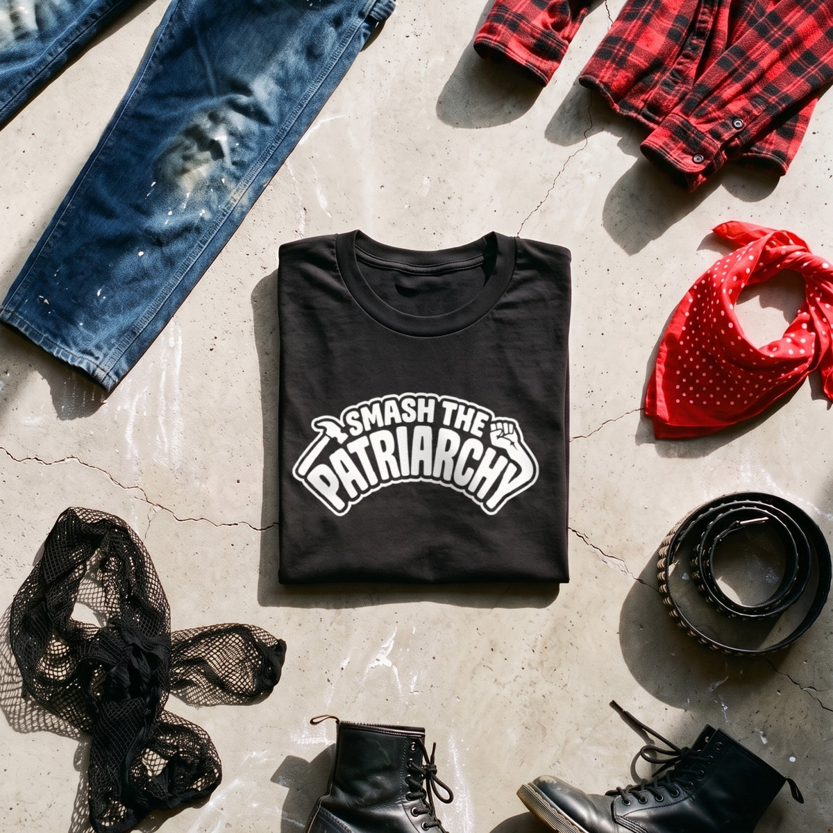 Smash the Patriarchy black graphic tee styled in a flat lay with matching pieces
