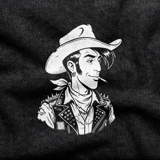 Punky Luke design printed on a black cotton tee, close-up