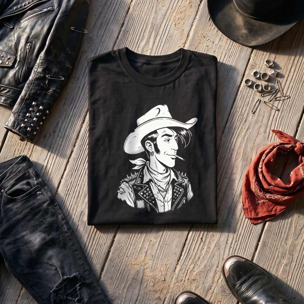 Punky Luke black graphic tee styled in a flat lay with matching pieces