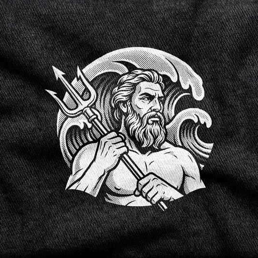Poseidon design printed on a black cotton tee, close-up