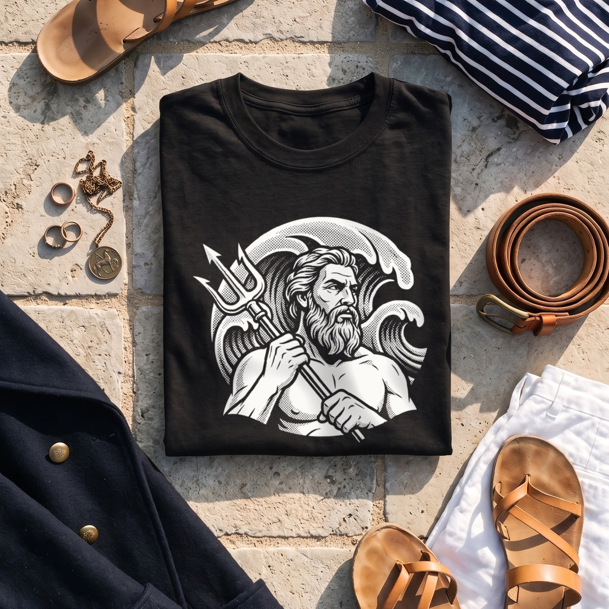 Poseidon black graphic tee styled in a flat lay with matching pieces