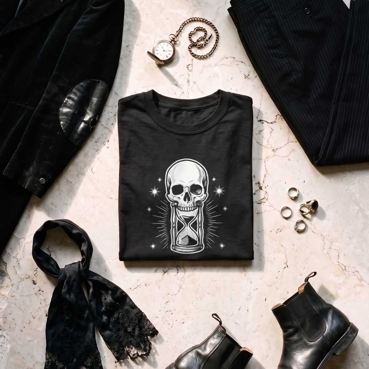Memento Mori black graphic tee styled in a flat lay with matching pieces