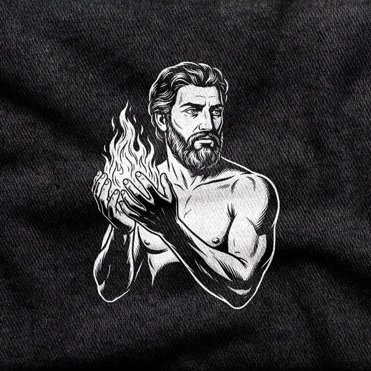 Prometheus design printed on a black cotton tee, close-up