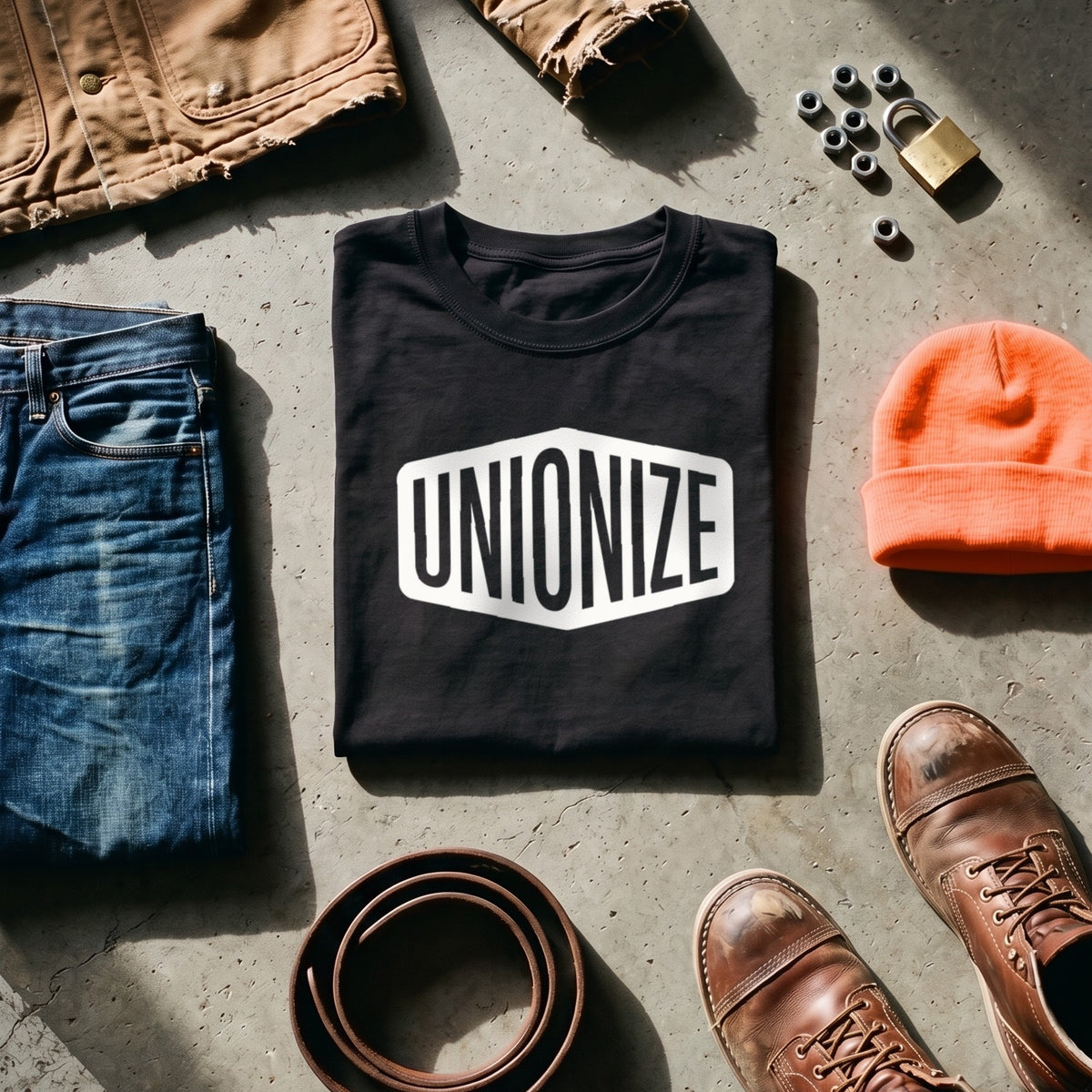 Unionize black graphic tee styled in a flat lay with matching pieces