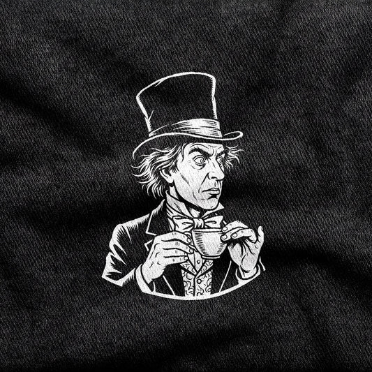 The Mad Hatter design printed on a black cotton tee, close-up