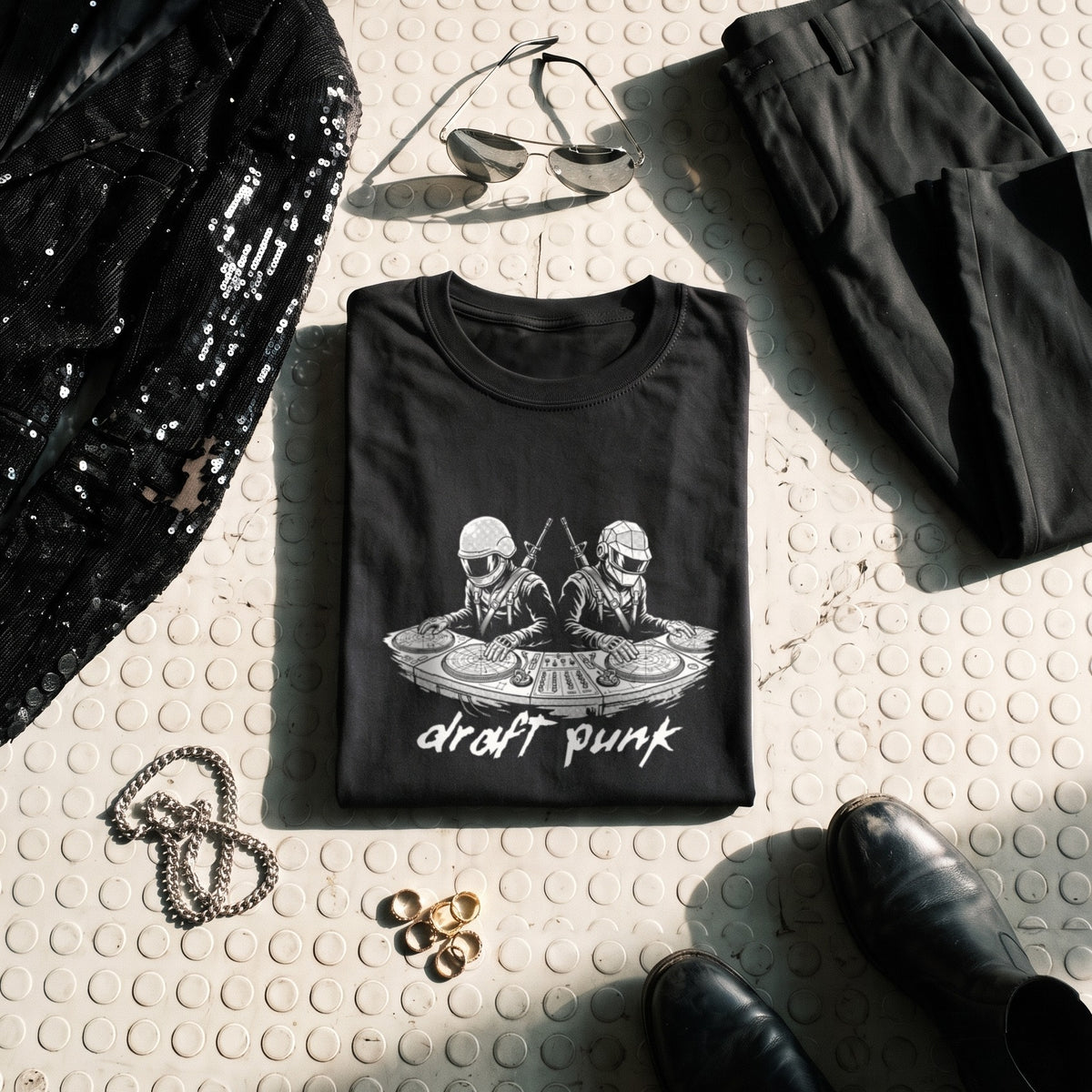 Draft Punk black graphic tee styled in a flat lay with matching pieces