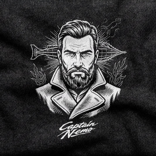 Captain Nemo design printed on a black cotton tee, close-up