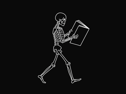 Line drawing of a skeleton walking while reading a large open book