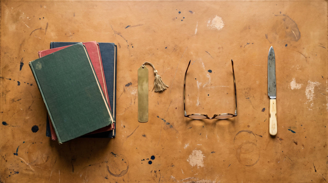 Overhead flat lay of three books lying face down, a brass bookmark, reading glasses and a paper knife on a tan leather desk