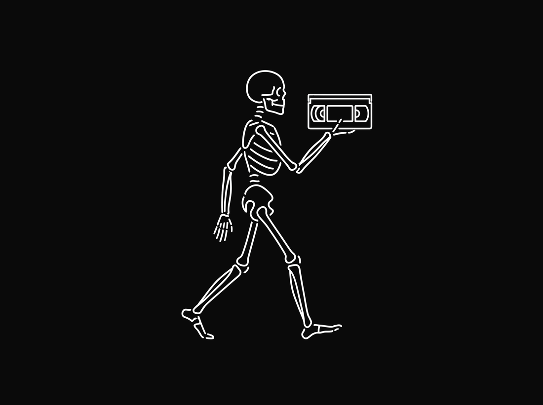 Line drawing of a skeleton walking while holding up a VHS videocassette