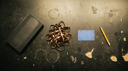 Overhead flat lay of a blank VHS cassette, spilled magnetic tape, a blank membership card and a pencil on a shop counter